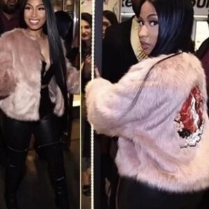 Nicki Minaj Pink Faux Fur Jacket with Embroidered Back by Nicki Minaj.